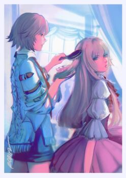 2girls blonde_hair blue_eyes blunt_bangs breasts brown_hair brushing_another&#039;s_hair brushing_hair dress emilie_de_rochefort frills hair_brush hand_in_another&#039;s_hair highres hime_cut holding holding_another&#039;s_hair holding_brush holding_hair_brush kazama_asuka long_hair medium_breasts multiple_girls robinnism sitting skirt tekken tekken_8