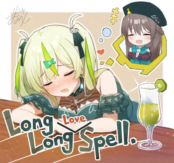 +++ 1girl :d absurdres bare_shoulders blush border braid breasts brown_background brown_hair cleavage closed_eyes cocktail cocktail_glass commentary_request cup dress drinking_glass drunk english_text film_grain food fruit furrowed_brow green_dress green_hair green_streaks hair_between_eyes hair_over_shoulder half_up_braid heart heaven_burns_red highres kiwi_(fruit) kiwi_slice large_breasts leaning_forward long_hair multicolored_hair nose_blush off-shoulder_dress off_shoulder ooshima_isuzu open_mouth outline own_hands_clasped own_hands_together rinki_oohen signature simple_background smile solo speech_bubble spoken_character squeans streaked_hair tearing_up thought_bubble two_side_up upper_body white_border white_outline