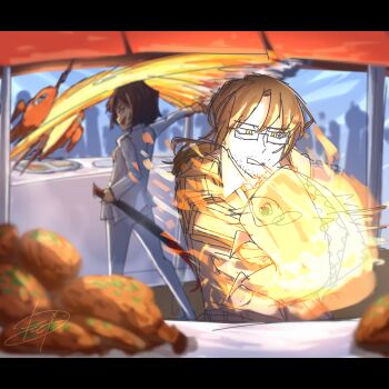 Rule 34 | 1boy, 1girl, absurdres, amputee, animal, beard stubble, belt, bird, black-framed eyewear, black-framed glasses, black background, black belt, black hair, black vest, blunt bangs, blunt ends, blurry, blurry background, blurry foreground, bongy (project moon), brown hair, buckle, chicken, chicken (food), chives, cigarette, collared shirt, creature, depth of field, facial hair, fighting, fighting stance, fire, food, formal clothes, from behind, glasses, glowing, gregor (project moon), hair between eyes, half-closed eyes, highres, holding, holding animal, holding sheath, holding sword, holding weapon, jacket, joints, katana, limbus company, liu association south uniform, long hair, long sleeves, looking ahead, looking at animal, looking down, low ponytail, male focus, mechanical arms, monster, motion blur, mouth hold, necktie, open mouth, orange fire, pants, parted bangs, photoshop (medium), plate, ponytail, project moon, prosthesis, prosthetic arm, pyrokinesis, red eyes, red fire, red necktie, red umbrella, ryoshu (project moon), semi-rimless eyewear, sharp teeth, sheath, shirt, short hair, signature, simple background, single mechanical arm, sketch, smile, standing, stubble, suit, sword, table, teeth, umbrella, under-rim eyewear, vest, weapon, white jacket, white pants, white shirt, yellow eyes, yellow fire