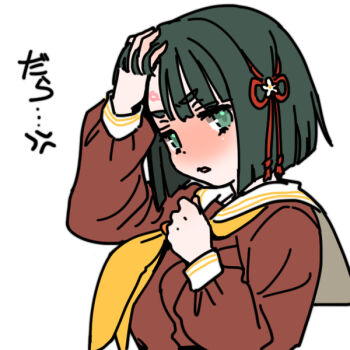 1girl blunt_bangs blunt_ends blush bob_cut brown_dress commentary_request dress green_eyes green_hair hand_in_own_hair hasu_no_sora_school_uniform kanazawaben link!_like!_love_live! lipstick_mark lipstick_mark_on_forehead long_sleeves looking_at_viewer love_live! momose_ginko neckerchief nose_blush sailor_collar sailor_dress school_uniform shinanoya_(satanicad) short_hair solo virtual_youtuber white_sailor_collar winter_uniform yellow_neckerchief