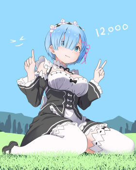 1girl absurdres black_dress black_ribbon black_shoes blue_eyes blue_hair blue_sky breasts clear_sky commentary_request detached_sleeves dress full_body gibun_(sozoshu) grass hair_ornament hair_over_one_eye hands_up highres kneeling large_breasts looking_at_viewer maid maid_headdress mary_janes milestone_celebration mountainous_horizon neck_ribbon outdoors pink_ribbon pointing pointing_up purple_ribbon re:zero_kara_hajimeru_isekai_seikatsu rem_(re:zero) ribbon ribbon-trimmed_clothes ribbon_trim roswaal_mansion_maid_uniform shoes short_hair sitting sky smile solo thighhighs v wariza white_thighhighs x_hair_ornament