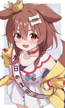1girl :3 :d animal_ears birthday_sash blush bone_hair_ornament braid brown_eyes brown_hair cartoon_bone collar commentary_request crown dog_ears dog_girl dog_tail dress fang grey_background hair_ornament hands_on_own_hips happy_birthday highres hololive inugami_korone inugami_korone_(1st_costume) jacket long_hair long_sleeves looking_at_viewer minazuki_mizu open_clothes open_jacket open_mouth red_collar sash shoulder_sash sleeveless sleeveless_dress smile solo tail twin_braids virtual_youtuber white_dress wristband yellow_jacket