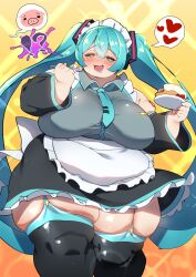 Rule 34 | !?, 1girl, alternate body size, apron, aqua eyes, aqua hair, aqua necktie, aqua thighhighs, arm tattoo, blush, breasts, cake, commentary request, cowboy shot, detached sleeves, dot nose, drooling, eating, fat, food, fork, garter straps, grey shirt, hair between eyes, hatsune miku, heart, highres, holding, holding fork, holding plate, huge breasts, long hair, maid headdress, necktie, obese, open mouth, orange background, pig, plate, shirt, skirt, sleeveless, solo, speech bubble, spoken animal, spoken heart, squarewave, tareme, tattoo, thick arms, thick thighs, thighhighs, thighs, twintails, very long hair, vocaloid, waist apron, white apron, yellow background, zettai ryouiki