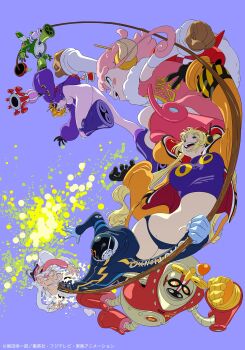 3girls 4boys android apple artist_name artist_request ass blonde_hair blue_eyes blush bodysuit breasts clenched_hands copyright_name covered_navel curvy dr._vegapunk facial_hair feet_out_of_frame food foreshortening fruit gloves goggles goggles_on_head grin hair_over_one_eye headpiece helmet highres holding holding_weapon jacket large_breasts long_hair looking_at_another looking_at_viewer looking_to_the_side multiple_boys multiple_girls mustache numbered official_art one_piece orange_hair physics pink_bodysuit pink_eyes pink_hair purple_eyes purple_jacket revealing_clothes robot shiny_clothes shirt short_hair simple_background size_difference smile surreal tongue tongue_out translation_request twintails vegapunk_atlas vegapunk_edison vegapunk_lilith vegapunk_pythagoras vegapunk_shaka vegapunk_york weapon white_hair white_shirt wide_hips