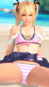 1girl 3d beach bikini blonde_hair blue_eyes closed_mouth crotch dead_or_alive dead_or_alive_xtreme dead_or_alive_xtreme_venus_vacation game_cg highres marie_rose medium_hair ocean outdoors pink_bikini sitting skirt spread_legs striped_bikini striped_clothes swimsuit thighs twintails water