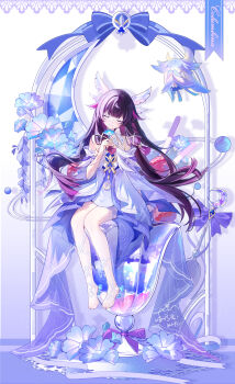 Rule 34 | 1girl, bare shoulders, black hair, blue flower, character name, chinese commentary, closed eyes, closed mouth, columbina (genshin impact), commentary request, dress, flower, full body, genshin impact, hair ornament, hand up, highres, holding, holding flower, light smile, long hair, luonnotar (genshin impact), miaogujun, multicolored hair, purple hair, signature, simple background, sitting, solo, very long hair, white background, white dress, white flower, wing hair ornament