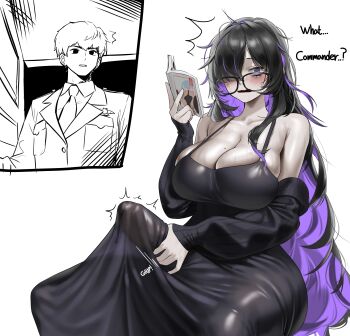 1boy 1girl ^^^ absurdres armpit_crease bags_under_eyes bare_shoulders black-framed_eyewear black_cardigan black_dress black_hair blush book breast_pocket breasts cardigan caught cleavage collarbone collared_shirt colored_inner_hair commander_(nikke) commentary commentary_request covered_penis dress english_commentary english_text feet_out_of_frame futanari futanari_masturbation glasses goddess_of_victory:_nikke hair_over_one_eye hand_up highres holding holding_book huge_penis invisible_chair jacket korean_commentary label_(nikke) large_breasts long_dress long_hair long_sleeves looking_at_viewer looking_over_eyewear masturbation masturbation_through_clothes messy_hair military_uniform mixed-language_commentary mole mole_on_breast motion_lines multicolored_hair necktie norunollu off_shoulder open_book open_cardigan open_clothes open_door paid_reward_available pale_skin parted_lips partially_colored penis pocket pornography purple_eyes purple_hair shirt simple_background single_sidelock sitting skindentation sleeves_past_wrists spaghetti_strap speed_lines spread_legs strap_gap sweat two-tone_hair very_long_hair walk-in wavy_mouth white_background wide-eyed