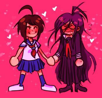 Rule 34 | > <, 2girls, ^ ^, ahoge, blue sailor collar, blue skirt, blue socks, blush, brown hair, closed eyes, closed mouth, collared shirt, commentary, danganronpa (series), danganronpa another episode: ultra despair girls, deformed, dot nose, english commentary, eyelashes, flying sweatdrops, fukawa toko, full-face blush, full body, glasses, hair between eyes, heart, high heels, highres, holding hands, long hair, long skirt, long sleeves, messy hair, mole, mole under mouth, multiple girls, naegi komaru, neckerchief, ozzzzzie, pink background, purple hair, purple serafuku, purple shirt, purple shoes, purple skirt, red neckerchief, sailor collar, school uniform, serafuku, shirt, shoes, short hair, short sleeves, sidelocks, simple background, skirt, skirt set, smile, socks, sparkle, standing, sweat, third-party source, very long hair, wavy mouth, white shirt, white shoes, yuri