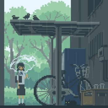 1girl animal animated animated_gif bicycle bird black_skirt building bush cat looping_animation mejwh original outdoors perspective pixel_art rain scenery shirt short_twintails skirt solo standing transparent transparent_umbrella tree twintails umbrella vending_machine white_shirt