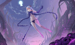 1girl abigail_williams_(fate) abigail_williams_(third_ascension)_(fate) absurdres black_bow bow cloud cloudy_sky corruption cthulhu_mythos dark_persona eldritch_abomination fate/grand_order fate_(series) flat_chest forehead grin highres key keyhole long_hair moon night night_sky orange_bow pale_skin polka_dot polka_dot_bow red_eyes revealing_clothes sky smile solo tentacles white_hair zen_(weishanzhe)