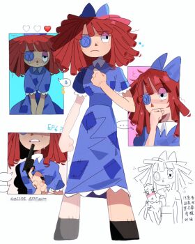 ... 1girl black_eyes blue_dress button_eyes buttons chinese_text dress frown gun gun_to_head heart highres holding holding_gun holding_weapon multiple_views ragatha_(the_amazing_digital_circus) red_hair single_tear spoken_ellipsis spoken_sweatdrop suicide sweatdrop the_amazing_digital_circus toast12792 translated triangle_nose weapon
