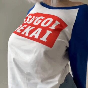 1girl animated animated_gif bouncing_breasts breasts cosplay covering_breasts covering_privates denim denim_skirt female_focus head_out_of_frame indoors large_breasts long_sleeves navel raglan_sleeves real_life shirt short_hair skirt solo sugoi_dekai teasing uzaki-chan_wa_asobitai! uzaki_hana uzaki_hana_(cosplay) white_hair white_shirt