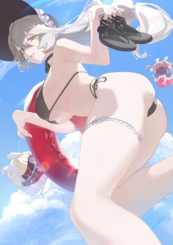 1girl 69pou alexandrina_sebastiane anastella_(zenless_zone_zero) ass bikini black_bikini black_hat blue_sky breasts cloud day drusilla_(zenless_zone_zero) from_side grey_hair hat highres holding holding_shoes holding_unworn_clothes innertube large_breasts leaning_forward long_hair looking_at_viewer open_mouth red_eyes shoes sky solo swim_ring swimsuit unworn_shoes zenless_zone_zero
