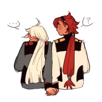 Rule 34 | ..., 2girls, ?, asticassia school uniform, black hairband, blue eyes, blush, closed mouth, commentary, diezmil10000, ear blush, from behind, green jacket, gundam, gundam suisei no majo, hairband, holding hands, jacket, long hair, looking at another, miorine rembran, multiple girls, ponytail, red hair, school uniform, simple background, spoken ellipsis, spoken question mark, suletta mercury, thick eyebrows, white background, white hair, white jacket, yuri