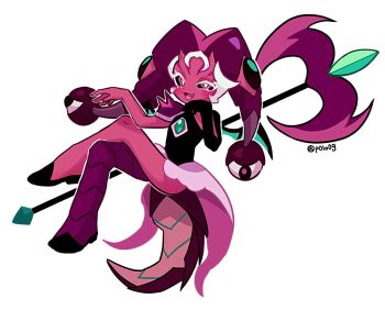 Rule 34 | 1other, :3, :d, armor, axe, bare shoulders, battle axe, black gloves, black sclera, black shirt, black shoes, black wings, blush, bright pupils, colored eyelashes, colored sclera, colored skin, commentary request, cookie run, cookie run: ovenbreak, crossed legs, dragon horns, dragon tail, dragon wings, elbow gloves, fang, flat chest, full body, gem, gloves, green gem, green wings, half-closed eye, hand on own cheek, hand on own face, hat, horns, humanization, korean commentary, lychee dragon cookie, michelin (p0lo09), open mouth, outline, pink eyes, pink skin, pink skirt, purple hat, purple tail, shirt, shoes, short hair, shoulder armor, simple background, single bare arm, single bare leg, single elbow glove, single glove, sitting, skin-covered horns, skirt, sleeveless, sleeveless shirt, smile, tail, tongue, twitter username, two-tone wings, uneven eyes, very short hair, weapon, weapon on back, white background, white eyelashes, white hair, white outline, white pupils, wings