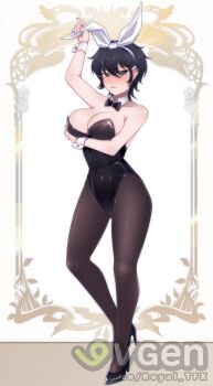 arm_under_breasts artist_name black_hair blush commission dress_shoes ear_piercing green_eyes hair_over_eyes highres jewelry leggings noshiro_nanami official_alternate_hairstyle original piercing playboy_bunny royal_tfx vgen_commission