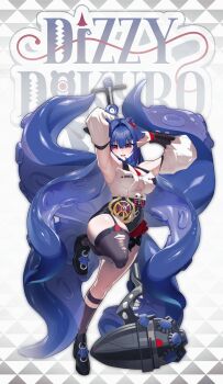 1girl absurdres armpits asymmetrical_legwear black_garter_straps black_shoes black_shorts blue_hair breasts character_name commentary cosplay detached_sleeves dizzy_dokuro garter_straps high-waist_shorts highres langssi long_hair open_mouth phase_connect pointy_ears red_eyes second-party_source shoes shorts single_garter_strap solo tentacles thighhighs torn_clothes torn_thighhighs virtual_youtuber white_sleeves yidhari_murphy yidhari_murphy_(cosplay)