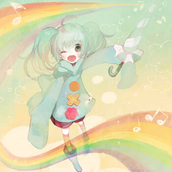 Rule 34 | aqua eyes, aqua hair, chibi, hatsune miku, one eye closed, pechika, rainbow, rainbow path, rainbowder (vocaloid), solo, thighhighs, twintails, umbrella, vocaloid, wink, aged down