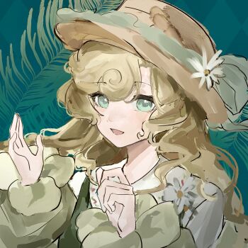 Rule 34 | 1girl, :d, alternate costume, aqua eyes, blonde hair, boater hat, brown hat, chinese commentary, commentary request, commission, flower, grey background, hands up, hat, hat flower, highres, jingshen kongji, long hair, looking at viewer, lorelei (reverse:1999), open mouth, plant, reverse:1999, shirt, smile, solo, upper body, white flower, white shirt