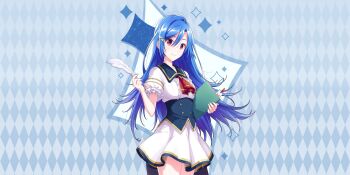 Rule 34 | 1girl, argyle background, blue background, blue corset, blue hair, blue sailor collar, book, bookmark, breasts, buttons, closed mouth, corset, cowboy shot, dot nose, double-breasted, dress, feathers, game cg, hair between eyes, hair ornament, hairclip, hand up, highres, holding, holding book, holding quill, lapis re:lights, long hair, looking at viewer, medium breasts, official art, puffy short sleeves, puffy sleeves, quill, red eyes, rosetta (lapis re:lights), sailor collar, school uniform, short sleeves, smile, solo, sparkle background, third-party source, underbust, white dress, white feathers