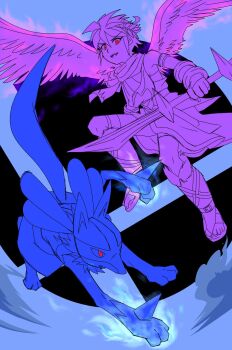 1boy ahoge angel angel_wings aura blue_background commentary_request dark_pit furry gen_4_pokemon highres kid_icarus kid_icarus_uprising laurel_crown looking_at_viewer lucario nintendo pokemon pokemon_(creature) silver_bow_(kid_icarus) super_smash_bros. super_smash_bros._logo tail wings yui_fightpaint