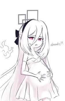 absurdres bare_shoulders big_belly blue_archive breasts commentary doodle_sensei_(blue_archive) dress elbow_gloves english_text gloves grey_background hair_between_eyes hair_ornament halo highres kei_(blue_archive) long_hair long_hair_between_eyes looking_at_viewer mbyssmaw nervous_sweating open_mouth pink_eyes pregnant sensei_(blue_archive) sleeveless sleeveless_dress small_breasts sweat symbol-only_commentary