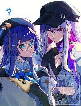 2girls ? beret blue_eyes blue_hair blunt_bangs colored_inner_hair commentary_request earrings glasses gloves hat hat_ornament holding holding_paper honkai:_star_rail honkai_(series) jacket jewelry long_hair multicolored_hair multiple_girls neckerchief necklace nihilux_(honkai:_star_rail) om_rm1101 paper parted_lips pela_(honkai:_star_rail) pink_eyes shirt white_hair
