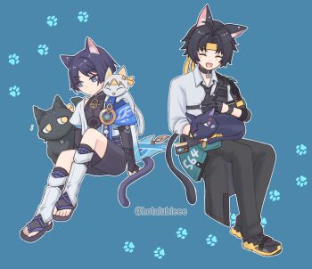 Rule 34 | 2boys, absurdres, anemo symbol (genshin impact), animal, animal ears, animal on lap, animal on shoulder, animalization, aqua background, armor, arms at sides, asaba harumasa, asaba harumasa (cat), belt, black belt, black bodysuit, black bridal gauntlets, black choker, black gloves, black necktie, black pants, black sandals, black shoes, black shorts, blue cape, blue gemstone, blue kimono, blue sleeves, blunt ends, bodysuit, bridal gauntlets, buckle, cape, cat, cat boy, cat ears, cat on lap, cat on shoulder, cat tail, choker, closed eyes, closed mouth, collared shirt, eyeliner, eyeshadow, facing animal, fang, feathers, full body, gem, genshin impact, gloves, gold, hair intakes, headband, highres, hotarubi (hotarubie), in-franchise crossover, japanese armor, japanese clothes, juban, kimono, kote, kurokote, layered sleeves, leg warmers, looking at animal, makeup, mandarin collar, multiple boys, necktie, on lap, open clothes, open kimono, open mouth, pants, parted bangs, partially fingerless gloves, partly fingerless gloves, person and animalization, petting, pom pom (clothes), purple eyes, purple hair, purple rope, purple sash, red eyeliner, red eyeshadow, rope, sandals, sash, scaramouche (cat) (genshin impact), scaramouche (genshin impact), shirt, shoes, short sleeves, shorts, shoulder pads, shoulder peek, single shoulder pad, sitting, snap-fit buckle, tail, toes, twitter username, vision (genshin impact), wanderer (genshin impact), white kimono, white leg warmers, white shirt, white sleeves, white trim, wispy bangs, yellow feathers, yellow headband, yugake, zenless zone zero, zouri