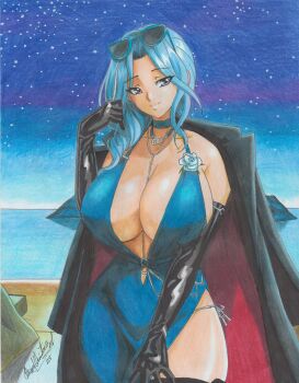 1girl absurdres blue_choker blue_hair breasts choker cleavage coat coat_on_shoulders dp-12_(girls&#039;_frontline) dress elbow_gloves evening_gown eyewear_on_head girls&#039;_frontline girls&#039;_frontline_2:_exilium gloves grey_eyes halter_dress halterneck helen_(girls&#039;_frontline_2) helen_(starlit_waltz)_(girls&#039;_frontline_2) highres huge_breasts jewelry long_hair looking_at_viewer necklace night night_sky pantylines ravernclouk_design signature sky solo star_(sky) starry_sky thigh_strap