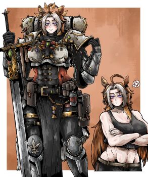 Rule 34 | 1girl, abs, absurdres, adepta sororitas, anger vein, angry, animal ears, armor, biceps, black tank top, blush, bow, crown, ear bow, ear covers, ear ornament, full armor, gem, highres, holding, holding sword, holding weapon, horse ears, horse girl, horse tail, jewelry, light smile, muscular, muscular female, octosoup, orfevre (umamusume), power armor, purple eyes, single ear cover, skull ornament, sword, tail, tank top, toned, toned female, umamusume, warhammer 40k, weapon