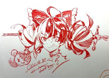 1girl 2024 artist_name blunt_ends bow button_eyes buttons character_name closed_mouth colored_skin dated double_bun hair_bow hair_bun head_only heterochromia hololive hololive_indonesia impaled kureiji_ollie kureiji_ollie_(1st_costume) lam_(ramdayo) looking_at_viewer marker_(medium) medium_hair multicolored_hair object_through_head patchwork_skin photo_(medium) portrait red_eyes red_hair signature simple_background sketch smile solo stitched_face stitches streaked_hair sword_in_head tongue tongue_out torn_clothes traditional_media udin_(kureiji_ollie) upper_body virtual_youtuber white_background white_skin whiteboard zombie