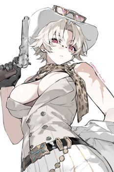 1girl animal_print beikupangxie belt black_belt blonde_hair breasts cleavage cowboy_hat eyewear_on_head genderswap genderswap_(mtf) gun hair_intakes hat highres holding holding_gun holding_weapon identity_v large_breasts leopard_print looking_at_viewer norton_campbell norton_campbell_(dazzling_lone_wolf) official_alternate_costume pants parted_lips red-tinted_eyewear red_eyes scar scar_across_eye scar_on_face scarf solo striped_clothes striped_pants sunglasses tinted_eyewear vertical-striped_clothes vertical-striped_pants vest weapon white_pants white_vest yellow-framed_eyewear
