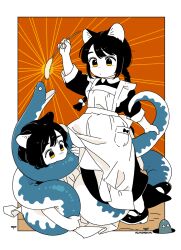 2girls akai_sashimi animal animal_ears apron artist_name biting black_dress black_hair black_shoes bow braid cat_ears closed_mouth collared_dress colored_skin dress eel full_body hair_bow highres holding holding_animal long_hair mary_janes multiple_girls original shoes single_braid standing swept_bangs three-quarter_sleeves white_apron white_bow white_skin yurie_mouth