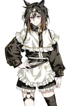 Rule 34 | 1girl, animal ears, apron, belt, black belt, black hair, black jacket, black shorts, black thighhighs, brown eyes, brown hair, closed mouth, commentary, ear covers, frilled apron, frills, hair between eyes, highres, horse ears, horse girl, jacket, jersey maid, long hair, long sleeves, looking at viewer, maid, maid apron, multicolored hair, no tail, o-ring, o-ring thigh strap, osamapublishing, shorts, single thighhigh, smile, solo, stay gold (umamusume), streaked hair, symbol-only commentary, thigh strap, thighhighs, track jacket, umamusume, unconventional maid, waist apron, white apron, white hair