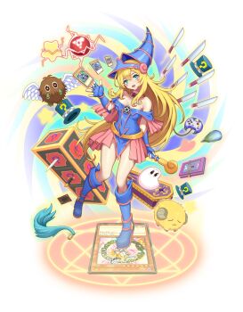 1girl armpit_peek bare_shoulders blonde_hair blue_footwear blue_gloves blue_headwear blush_stickers boots breasts card choker cleavage collarbone commentary dark_magician dark_magician_girl dark_renewal duel_monster enemy_controller english_commentary eyelashes fingerless_gloves gloves green_eyes hair_between_eyes harpie&#039;s_feather_duster hat heart highres holding holding_wand kokoala large_breasts long_hair looking_at_viewer magical_hats_(yu-gi-oh!) marshmallon open_mouth pentacle scapegoat smile star_(symbol) thousand_knives wand white_background winged_kuriboh wizard_hat yu-gi-oh!