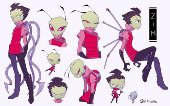 2boys alien antennae artist_name black_gloves black_hair colored_skin gir_(invader_zim) gir_(robot)_(invader_zim) gloves green_skin humanization invader_zim mechanical_arms multiple_boys multiple_persona pants personification pink_eyes short_hair solo yoyochaan