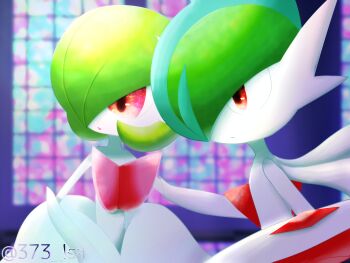 1boy 1girl arm_blade artist_name blue_hair blurry blurry_background bob_cut closed_mouth colored_skin elbow_gloves flat_chest gallade gardevoir gen_3_pokemon gen_4_pokemon gloves green_hair hair_over_one_eye indoors looking_afar mega_gallade mega_gardevoir mega_pokemon mohawk multicolored_hair nintendo one_eye_covered open_mouth pokemon pokemon_(creature) red_eyes sahari_(373_lsa) short_hair standing twitter_username two-tone_hair upper_body watermark weapon white_gloves white_skin