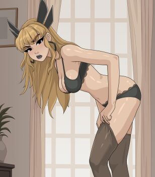 1girl armpit_crease black_bra black_lips black_panties black_thighhighs blonde_hair blush bra breasts cleavage commentary curtains earrings english_commentary hanging_breasts headgear highres indoors jewelry kim_kai lace lace-trimmed_bra lace-trimmed_panties lace_trim leaning_forward looking_at_viewer magik_(x-men) marvel marvel_rivals navel panties picture_frame plant sidelocks solo thick_eyebrows thighhighs thighhighs_pull underwear underwear_only vase window x-men