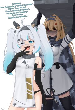 2girls :d absurdres anger_vein angry bare_shoulders black_bra black_gloves black_panties blonde_hair blue_eyes blue_hair blue_hairband blush bra breasts dress elbow_gloves english_text eyepatch fang frown girls&#039;_frontline girls&#039;_frontline_2:_exilium gloves hair_between_eyes hairband headgear highres laughing long_hair looking_at_another looking_at_viewer medium_breasts mesugaki mo_(girls&#039;_frontline_2) mocking mr.something multicolored_hair multiple_girls open_mouth panties ponytail red_eyes shaded_face sideless_dress small_breasts smile smug streaked_hair sv-98_(girls&#039;_frontline) tail twintails underwear very_long_hair white_dress white_hair