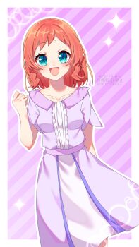 1girl :d absurdres arms_behind_back artist_name blue_eyes collarbone diagonal-striped_background dress highres inukai_iroha long_dress long_hair myarikuru open_mouth outline pleated_dress precure purple_background purple_dress red_hair smile solo standing striped_background watermark white_outline wonderful_precure!