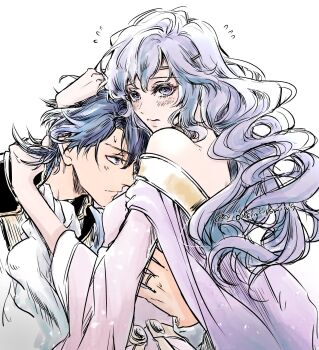 1boy 1girl blue_eyes blue_hair blush closed_mouth deirdre_(fire_emblem) dress fire_emblem fire_emblem:_genealogy_of_the_holy_war hetero highres hug husband_and_wife long_hair looking_at_viewer mixed-language_commentary nintendo purple_dress purple_eyes purple_hair short_hair sigurd_(fire_emblem) twitter_username umi_(oneinchswing) white_background