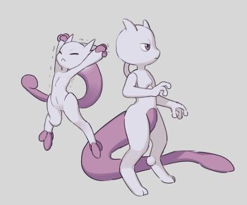 Rule 34 | arms up, closed eyes, closed mouth, floating, full body, gen 1 pokemon, grey background, legendary pokemon, mega mewtwo y, mega pokemon, mewtwo, nintendo, pokemon, pokemon (creature), simple background, standing, stretching, tosx