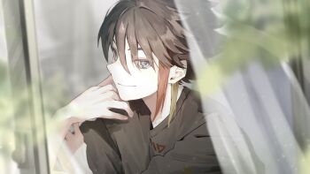 1boy alternate_costume black_hair black_shirt blue_eyes blurry blurry_foreground closed_mouth curtains hair_between_eyes hand_rest hashtag-only_commentary highres looking_at_viewer multicolored_hair nijisanji ryaa_ko saegusa_akina see-through_clothes shirt short_hair smile solo streaked_hair upper_body virtual_youtuber