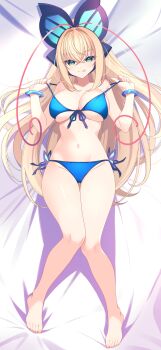 1girl :p absurdres antenna_hair azure_striker_gunvolt azure_striker_gunvolt_1 bare_legs barefoot bikini blonde_hair blue_bikini breasts butterfly_hair_ornament cleavage commission commissioner_upload dakimakura_(medium) full_body green_eyes hair_between_eyes hair_ornament headphones highres large_breasts lololotton long_hair looking_at_viewer lumen_(gunvolt) lying multicolored_hair naughty_face navel pink_hair pulling_own_clothes skeb_commission smile solo swimsuit tongue tongue_out very_long_hair