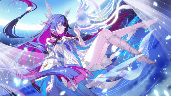 1girl absurdres bare_shoulders black_hair chinese_commentary chirippu closed_eyes closed_mouth columbina_(genshin_impact) commentary_request dress eye_mask feet full_body genshin_impact hair_wings hand_up head_wings highres latin_commentary leg_ribbon long_hair low-tied_sidelocks luonnotar_(genshin_impact) mask mixed-language_commentary multicolored_hair pink_hair ribbon sidelocks smile three-quarter_sleeves toes very_long_hair white_dress white_ribbon white_wings wings wrist_ribbon