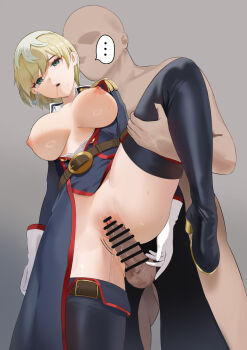 ! :o bald bar_censor black_boots black_dress blonde_hair boots breasts censored clothed_female_nude_male dress expressionless faceless faceless_male gloves green_eyes grey_background hetero highres hypnosis izumo_tenka large_breasts mato_seihei_no_slave mind_control nipples nude parted_lips penis pussy rlity sex sex_from_behind short_hair simple_background spoken_exclamation_mark standing standing_on_one_leg standing_sex thigh_boots vaginal white_gloves