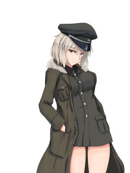 1girl breasts closed_mouth coat commentary_request fur_trim grey_eyes grey_hair hat highres huberta_von_bonin isosceles_triangle_(xyzxyzxyz) large_breasts looking_at_viewer military military_uniform no_pants open_clothes open_coat peaked_cap short_hair smile solo world_witches_series
