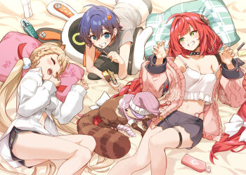 3girls alice_thymefield animal_ears bare_shoulders belle_(zenless_zone_zero) blonde_hair blue_hair blush bow braid breasts closed_eyes eretto green_eyes grin hair_bow hair_ornament kamanosuke_(zenless_zone_zero) letter_hair_ornament long_hair long_sleeves low_twin_braids low_twintails lying medium_breasts multiple_girls off_shoulder open_mouth rabbit_ears rabbit_girl rabbit_tail raccoon red_hair short_hair smile sphere_hair_ornament tail thighs twin_braids twintails ukinami_yuzuha zenless_zone_zero