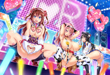 3girls :d animal_ears animal_print arms_up ass ass_cutout black_hair black_socks blue_eyes blue_legwear blush boots breasts brown_eyes brown_hair cat_ears clothing_cutout condom condom_packet_strip condom_wrapper covered_erect_nipples cow_ears cow_print cowboy_boots elbow_gloves fake_animal_ears gloves glowstick hairband heart heart-shaped_pupils heart_cutout heart_hands honami_aihara huge_breasts idol ima_ria kneehighs large_breasts loafers long_hair mukahi_kisara multiple_girls necktie nippleless_clothes nipples open_mouth original panties pasties pink_eyes pink_hair pink_panties plaid pussy_juice shoes slingshot_swimsuit smile socks squatting stage swimsuit symbol-shaped_pupils takeda_hiromitsu thighhighs tongue tongue_out two_side_up underwear white_gloves white_panties yumenoki_seika