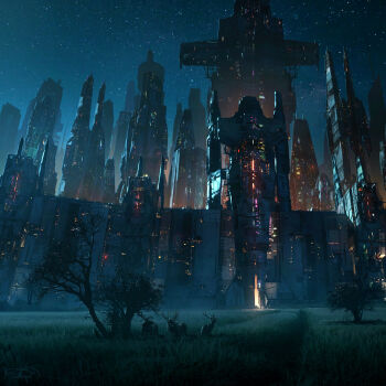 Rule 34 | absurdres, animal, antlers, city, city lights, commentary, deer, deer antlers, english commentary, grass, highres, horns, night, no humans, original, outdoors, painterly, raphael-lacoste, scenery, science fiction, signature, sky, star (sky), starry sky, tower, tree